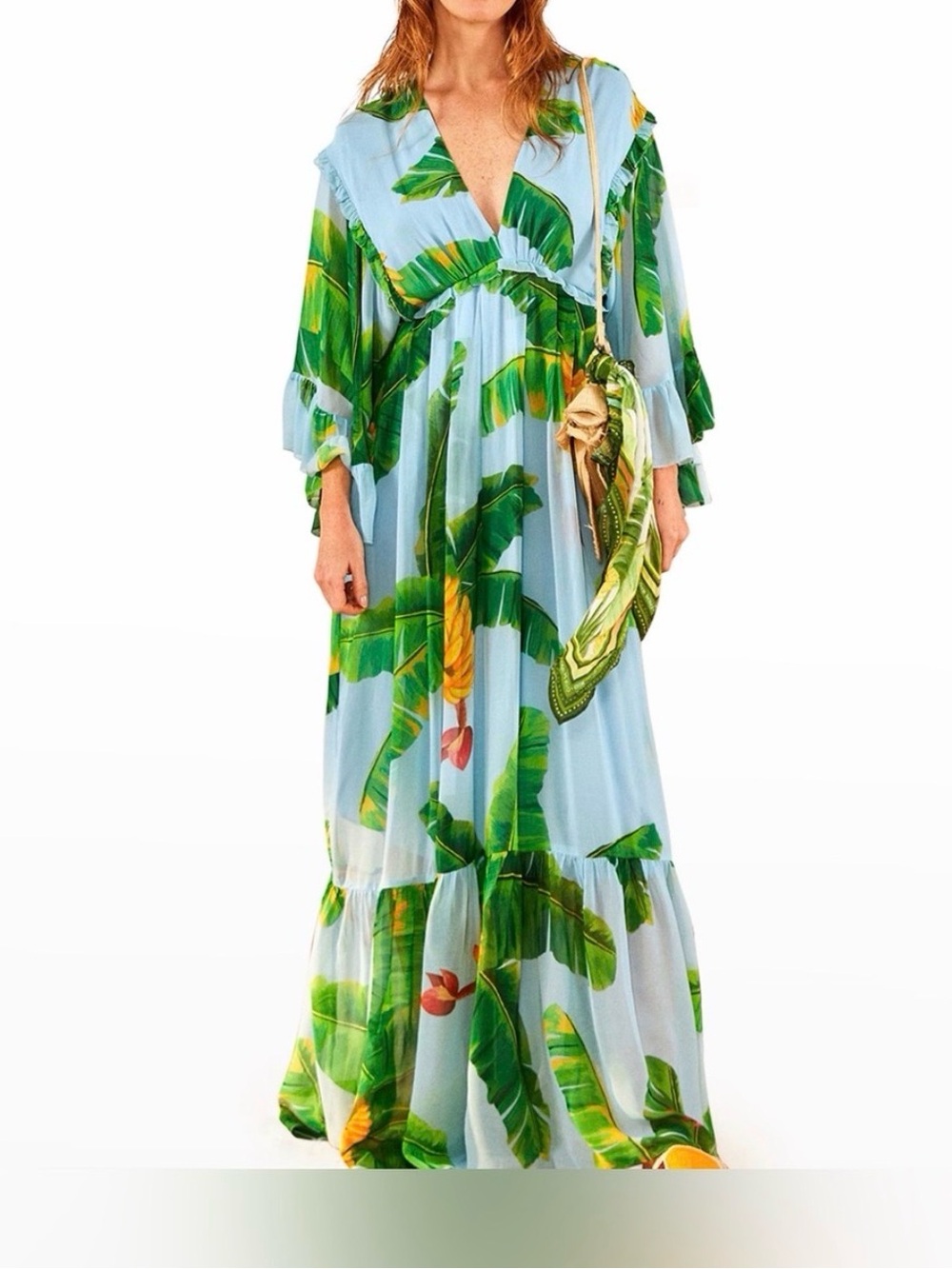 Farm Rio Banana Leaf V-Neck Maxi Dress - Light Blue & Green XL